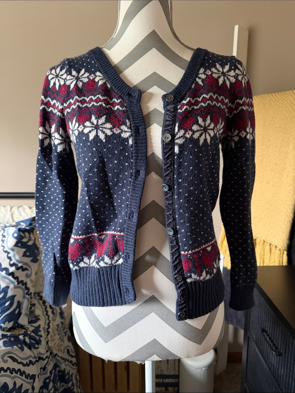 Hollister Navy Fair Isle Button-Up Cardigan with Red and White Accents